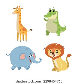 Cartoon set of African wild animals. Giraffe, crocodile, elephant and lion characters. Cute zoo or safari park inhabitants. Vector illustrations.