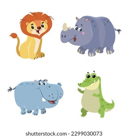 Cartoon set of African wild animals. Hippo, crocodile, lion and rhino characters. Cute zoo or safari park inhabitants. Vector illustrations.
