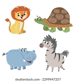 Cartoon set of African wild animals. Hippo, turtle, lion and zebra characters. Cute zoo or safari park inhabitants. Vector illustrations.