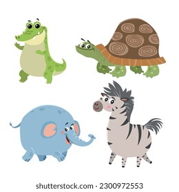 Cartoon set of African wild animals. Crocodile, turtle, elephant and zebra characters. Cute zoo or safari park inhabitants. Vector illustrations.