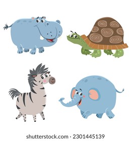 Cartoon set of African wild animals. Hippo, turtle, elephant and zebra characters. Cute zoo or safari park inhabitants. Vector illustrations.