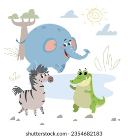 Cartoon set of African wild animals. Crocodile, elephant and zebra characters. Cute zoo or safari park inhabitants. Vector illustrations.