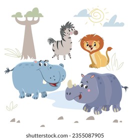 Cartoon set of African wild animals. Zebra, hippo, lion and rhino characters. Cute zoo or safari park inhabitants. Vector illustrations.