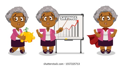 Cartoon set with afro-american senior woman who is head or owner of company. Aged businesswoman carrying piggy bank, pointing to diagram on flipchart, standing dressed in red cape. Super woman.