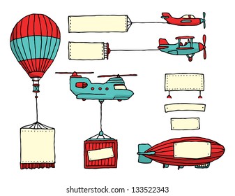 Cartoon set of air vehicles with banners