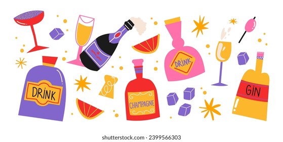 Cartoon set of alcoholic drinks and cocktails. Bottles of gin and champagne, cork, cheers, ice cubes. Party set. Trendy retro groovy stickers shapes in 90s doodle style