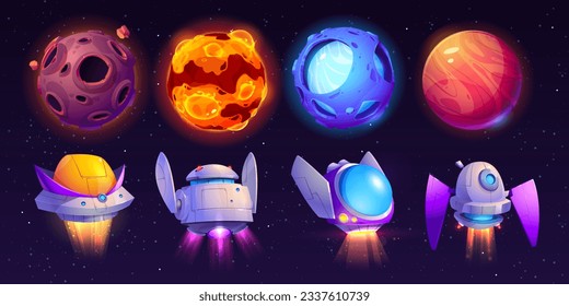 Cartoon set of alien planets and spacecraft isolated on night starry sky background. Vector illustration of space objects, moon, sun, star, asteroid and fantasy space ship flying. Future technology