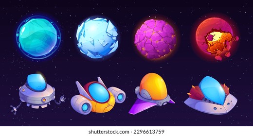 Viñeta de OVNI alienígena y planetas aislados en el fondo del cielo estrellado nocturno. Ilustración vectorial de objetos espaciales, asteroide destruido, estrellas de fantasía, divertidas naves espaciales volando. Elementos de diseño de juegos