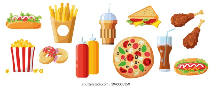 Cartoon set with american fast food. Junk food colorful on white background. Colorful cartoon fast food. Burger, hot dog, pizza, taco, donut, sandwich, sauce, coffee. Takeaway food design. Vector