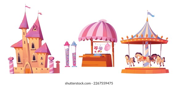 Conjunto de dibujos animados de elementos de diseño de parques de atracciones aislados en un fondo blanco. Dibujo vectorial de la fantasía de castillo rosa, carrusel con caballos de juguete, tienda de dulces con hilos de caramelo y copas