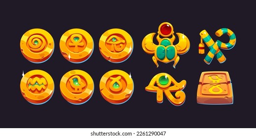 Cartoon set of ancient Egyptian game coins isolated on dark background. Vector illustration of golden money, medals, scarab or ankh amulets decorated with gems, antique symbols. Pharaoh treasure icons