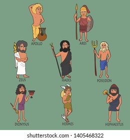 cartoon set of ancient male Greek gods, vector portraits of Apollo, Ares, Zeus, Hades, Poseidon, Dionysus, Hermes, Hephaestus