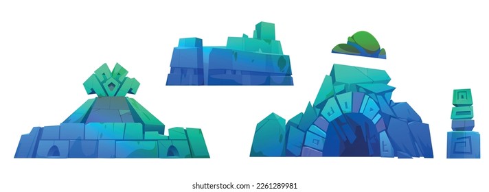 Viñeta de antiguas ruinas submarinas sobre fondo blanco. Ilustración vectorial del edificio dañado, tumba antigua, cueva del tesoro, inscripciones misteriosas sobre piedras. Elementos de juego de aventura