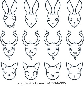 Cartoon set of animal masks with different faces. Among the animals there are rabbits, goats or horned pets, and cats or foxes.