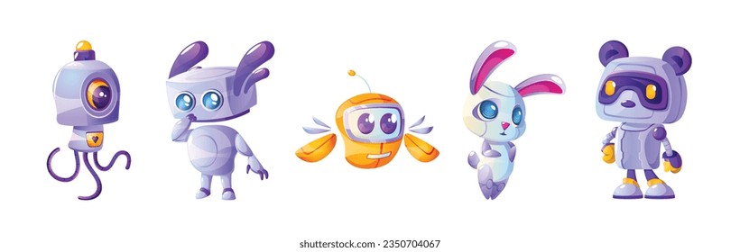 Cartoon set of animal robot characters isolated on white background. Vector illustration of futuristic ai mascots, cute octopus, bee, bunny, bear cyborgs. Technology development, chatbot assistant