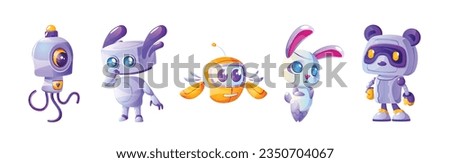 Cartoon set of animal robot characters isolated on white background. Vector illustration of futuristic ai mascots, cute octopus, bee, bunny, bear cyborgs. Technology development, chatbot assistant