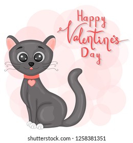 cartoon set with animals and lettering for Valentine s day. cat sticker.