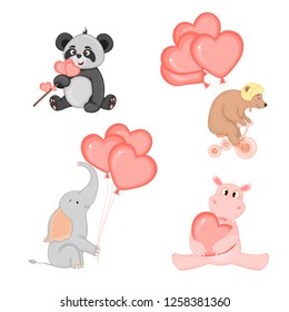 cartoon set with animals and lettering for Valentine s day. stickers in the diary.