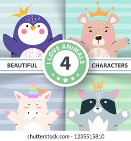 Cartoon set animals - penguin, bear, unicorn, raccoon Hand draw