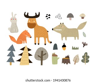 Cartoon set with animals, trees, decor elements. Forest, woodland. colorful vector illustration for kids, flat style. baby design for cards, print, posters, logo, cover