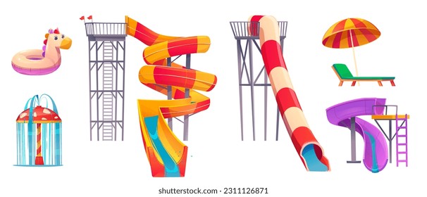 Cartoon set of aquapark equipment isolated on white background. Vector illustration of extreme spiral water slides, inflatable unicorn ring, colorful umbrella, chaise lounge. Summer beach elements