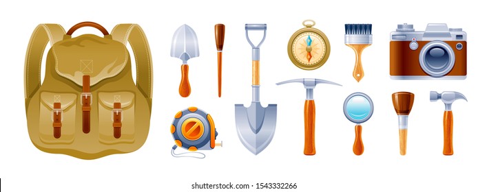 Cartoon set. Archeology, geology, climb, expedition icons. Realistic vintage equipment, instrument, tool: backpack, photo camera, brush, pickaxe, shovel, compass. Vector illustration isolated on white