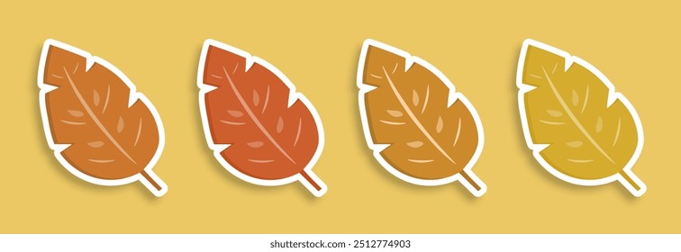 Cartoon set with autumn leaves. Autumn simple illustration on a yellow background. Vector EPS 10.