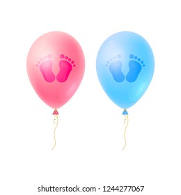 Cartoon Set of Baby footsteps, girls and boys footprint with realistic Balloon. It's a Girl Baby Shower card, tag, sticker for shop advertising, party Invitation. Vector illustration.