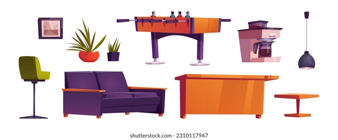 Conjunto de dibujos animados de muebles de apartamentos de soltero aislados de fondo blanco. Ilustración vectorial del futbolín, cafetera, sofá, silla, lámpara y marco de imagen. constructor de área de relajación de Office