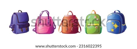 Cartoon set of backpacks isolated on white background. Vector illustration of textile and leather school bag with badges, travel rucksack, luggage handbag with handle. Tourism adventure accessories