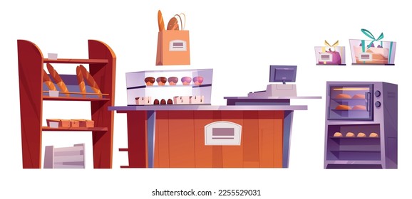 Conjunto de dibujos animados de los elementos interiores de la panadería aislados de fondo blanco. Ilustración vectorial con pan recién horneado, horno eléctrico, bolsita de pastelería, pasteles, muffins en escaparate, caja registradora