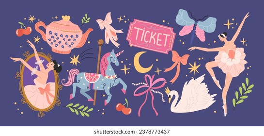 Juego de dibujos animados con pegatinas de ballet y bailarinas de bailarina. Conjunto de elementos delicados y bonitos: cisne, unicornio, arco, zapatos de punta. Conjunto de stickers modernos y brillantes