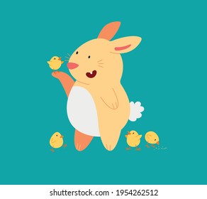Cartoon set. Banner design. Spring symbol. Funny cartoon character. Spring season. Springtime background. Happy easter card. Cute cartoon character. Colorful easter bunny and chick on blue background.