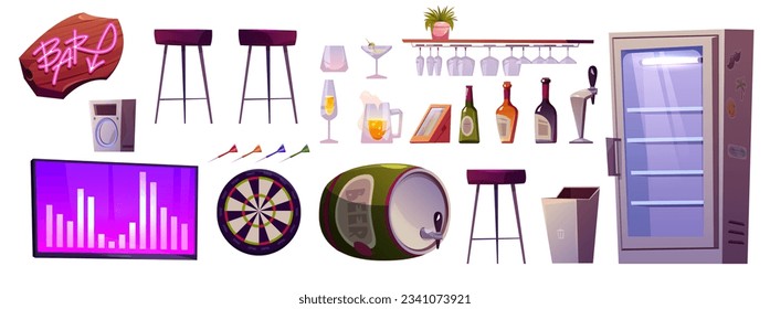 Cartoon set of bar interior elements isolated on white background. Vector illustration of pub furniture, cocktail glasses, bottles of alcoholic beverages, beer barrel, fridge, tv screen and darts