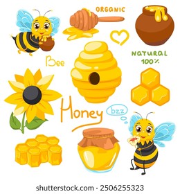 Cartoon set of bee honey and cute bees. Honey collection: pot, beehive, bee, honey in glass jar, honeycomb, flower.