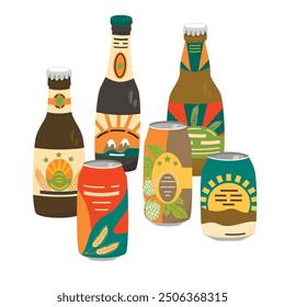 Cartoon set of beer cans and bottles isolated on white background.Colorful drink containers with different labels.Vector designs for use in banner,poster,card.Beer festival and brewing illustration.