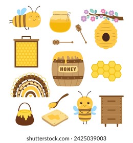 cartoon set with bees and honey, cute cartoon collection, funny illustration in flat style, elements beekeeping with honey bee, beehives, border, flowers, honeycombs and rainbow