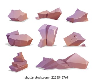 Cartoon set of big stones, rough boulders, granite blocks or hard rock lumps. Solid mountain debris, natural geological materials for game ui. Gui texture elements, broken rocky cobbles collection.