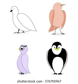 Cartoon set bird character. Owl and penguin, nightingale and dove. Vector illustration