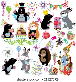 cartoon set with birthday party of mole, isolated images for little kids