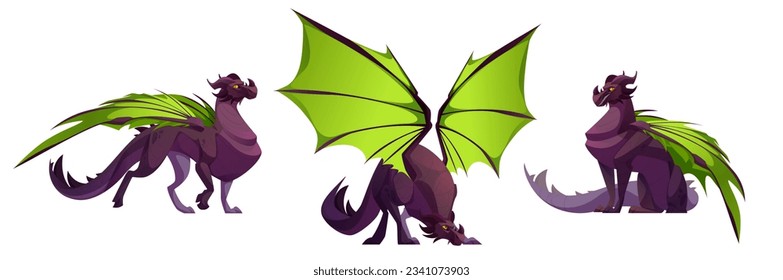 Cartoon set of black griffin character with green wings isolated on white background. Vector illustration of wild hippogriff animal with horns and tail standing, sitting, hunting. Fairy tale monster