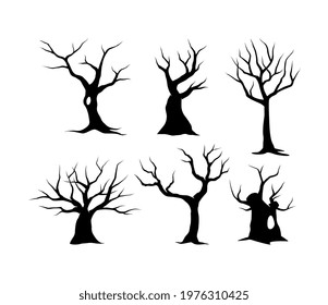 Cartoon set of black halloween holiday silhouette elements of trees isolated on white background. Black spooky crooked trees. Concept of happy halloween. Flat outlined cartoon vector illustration