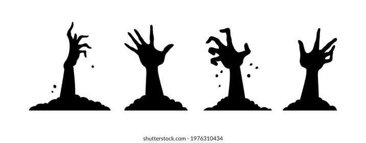 Cartoon Set Of Black Halloween Holiday Silhouette Elements Of Hands Isolated On White Background. Hands Sticking Out Of Grave. Concept Of Happy Halloween. Flat Cartoon Vector Illustration