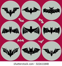 Cartoon set of black silhouettes of different bats in flat graphic style. Design elements for Halloween, for tattoo. Frames, labels, icons and stickers. Vector.