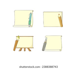Cartoon set - Blank papers, pen, pencil, brush. Icon of document, message, diploma, banner with empty note, paper page with rolled edges isolated on white background, vector hand drawn illustration