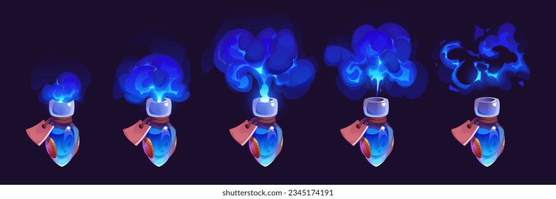 Juego de dibujos animados de la botella azul elixir con efecto de purga de la nube de gas aislado en el fondo negro. Ilustración vectorial de un frasco de vidrio abierto con etiqueta, poción mágica líquida y hoja de espíritus de evaporación tóxica