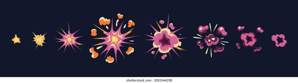 Cartoon Set With Bomb Explosion Effects Of Different Size For Flash Animation Isolated Against Black Background Vector Illustration