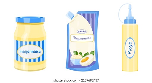 Cartoon set of bottle, jar and bag with mayonnaise. Bottle with cheese sauce. Plastic pack. Vector jar isolated on a white background for games, banner and menu fast food restaurants.