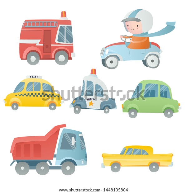 Cartoon set with \
a boy driving a car and\
cars.