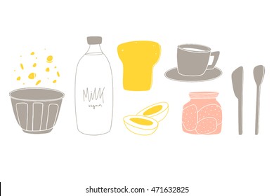 Cartoon set of breakfast food. Kitchen hand drawn vector elements